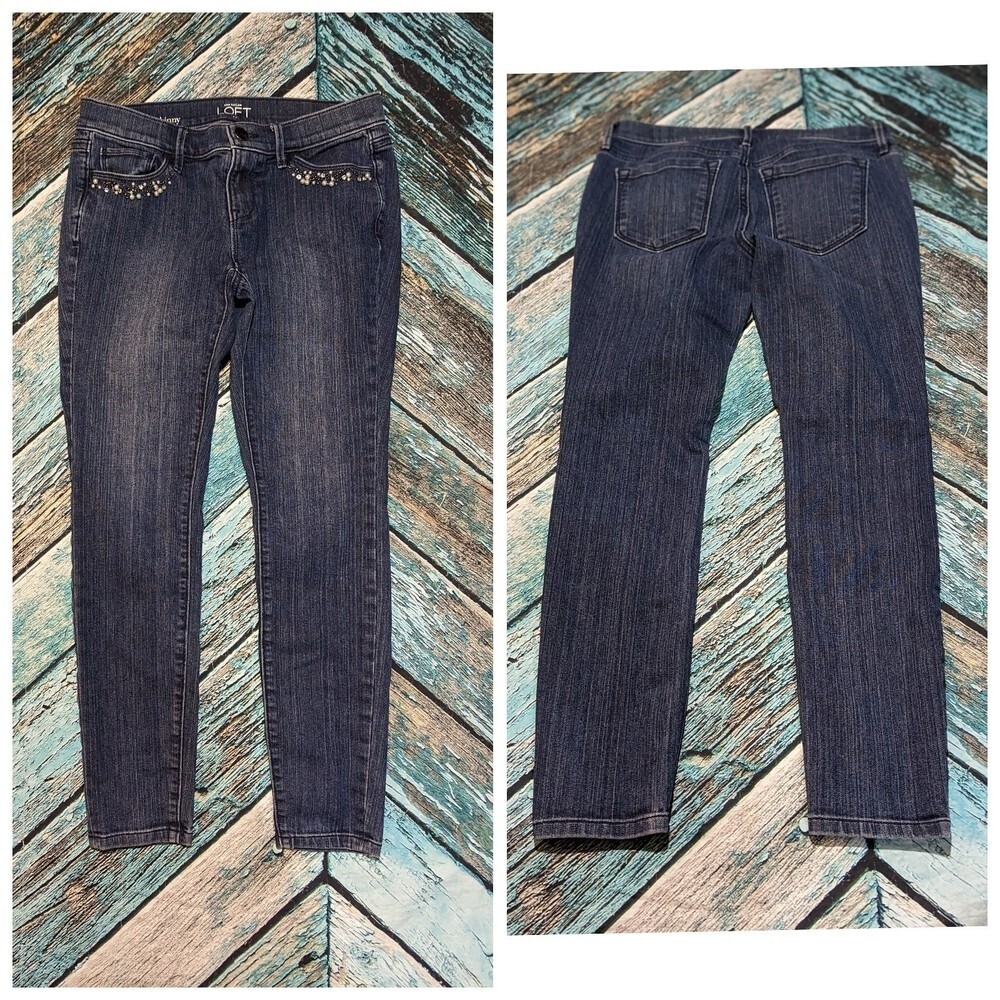Loft Size 4P Modern‎ Skinny Blue Jeans with Embellished Beads Pearls Pockets